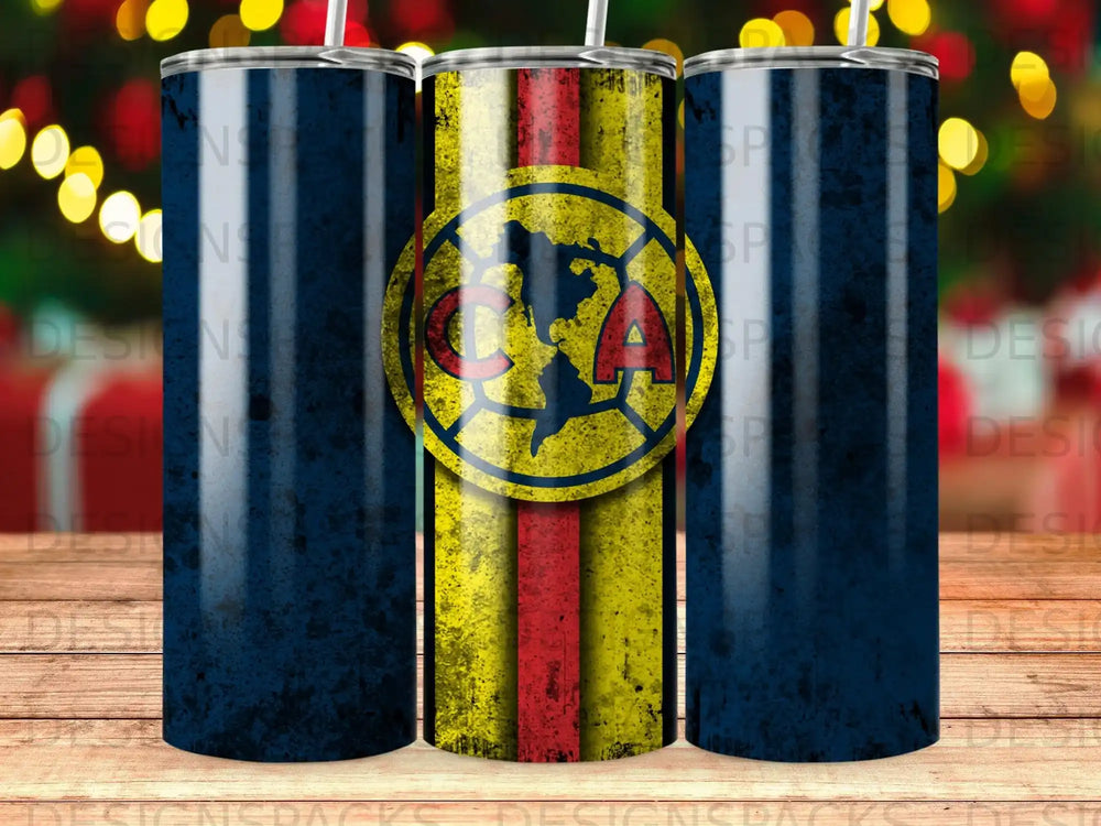 Club América soccer team logo on a distressed blue and yellow tumbler.