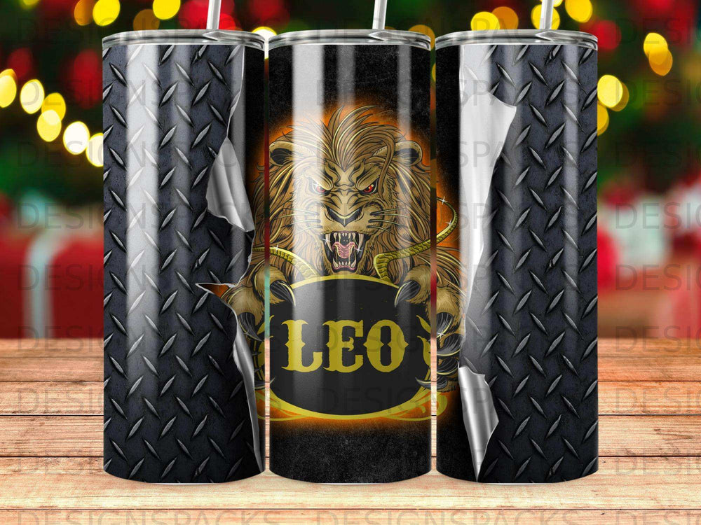 Lion breaking through diamond plate texture with "Leo" text below.