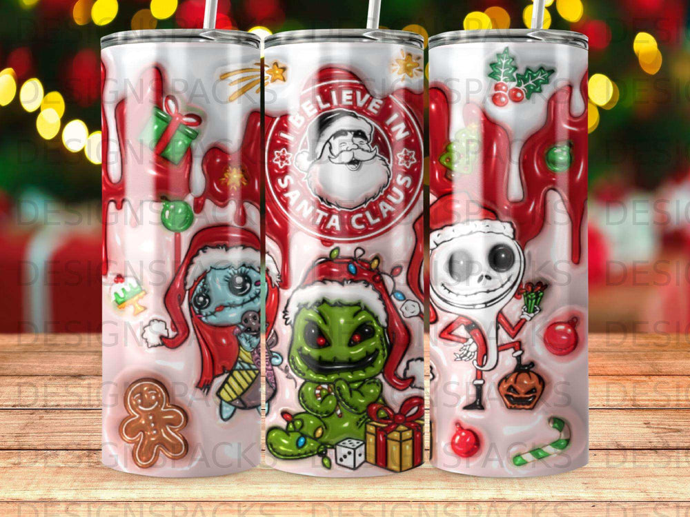 Christmas characters including Jack Skellington and Grinch on a tumbler.