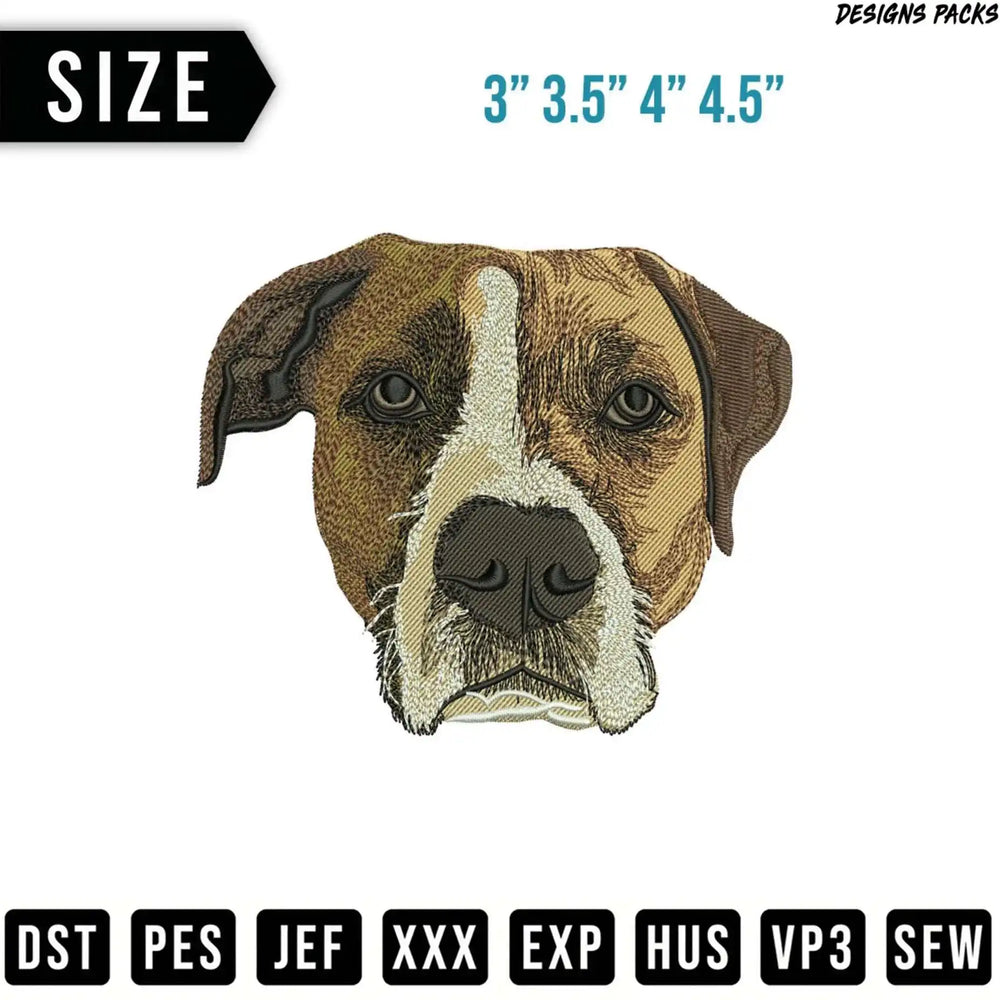 Embroidery design of a dog's face, with size options and file formats listed.