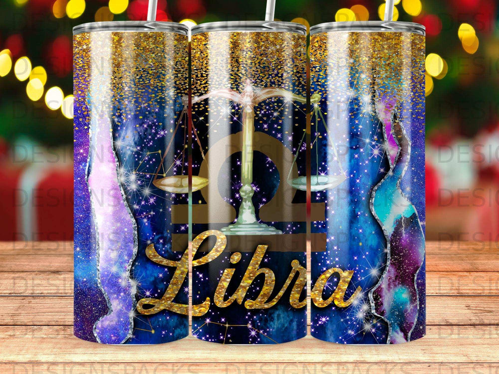 Zodiac Libra symbol with starry galaxy background and gold glitter accents.