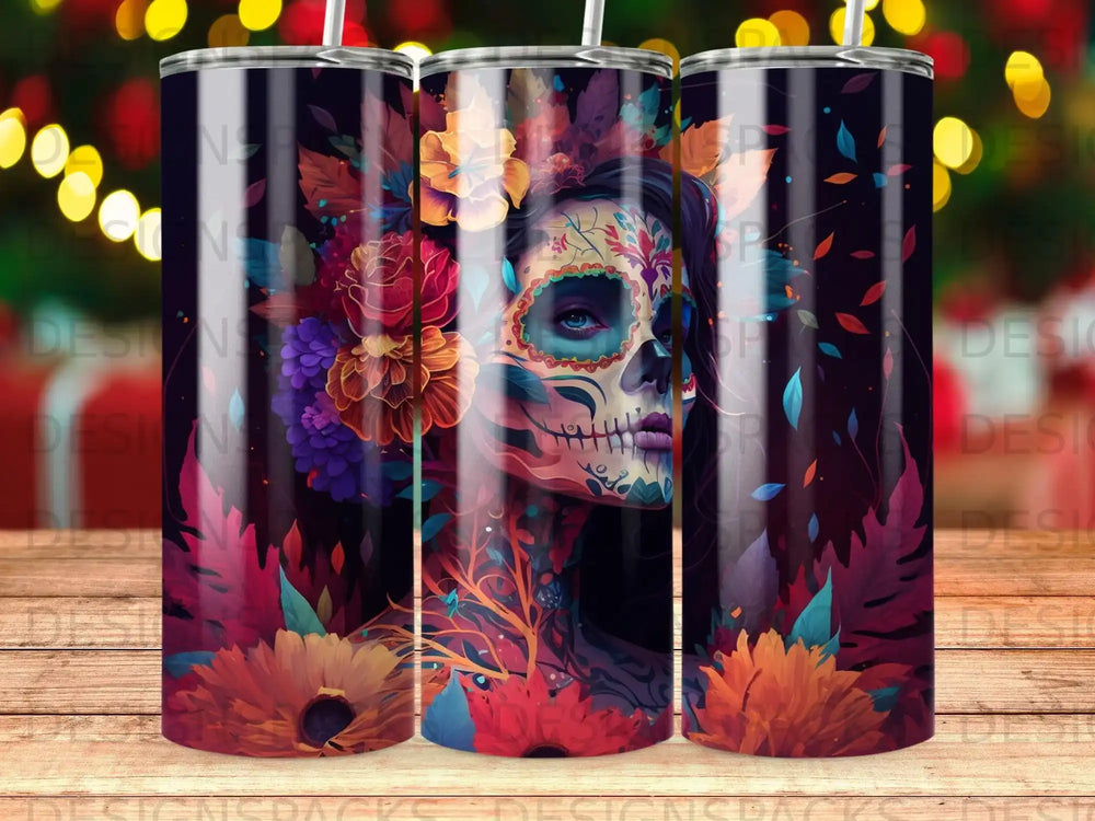 Sugar skull woman with colorful flowers and foliage background.