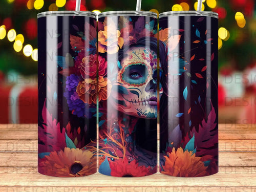 Sugar skull woman with colorful flowers and foliage background.