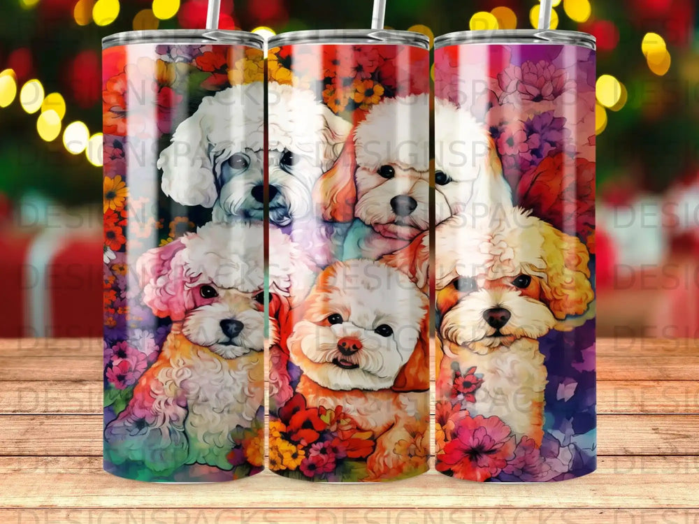 Poodles with floral pattern on a tumbler.