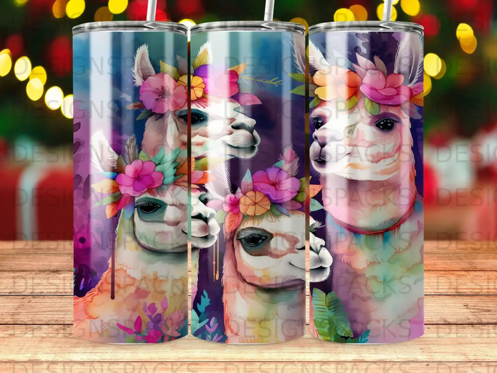 Four llamas with floral headdresses and patterned backgrounds.