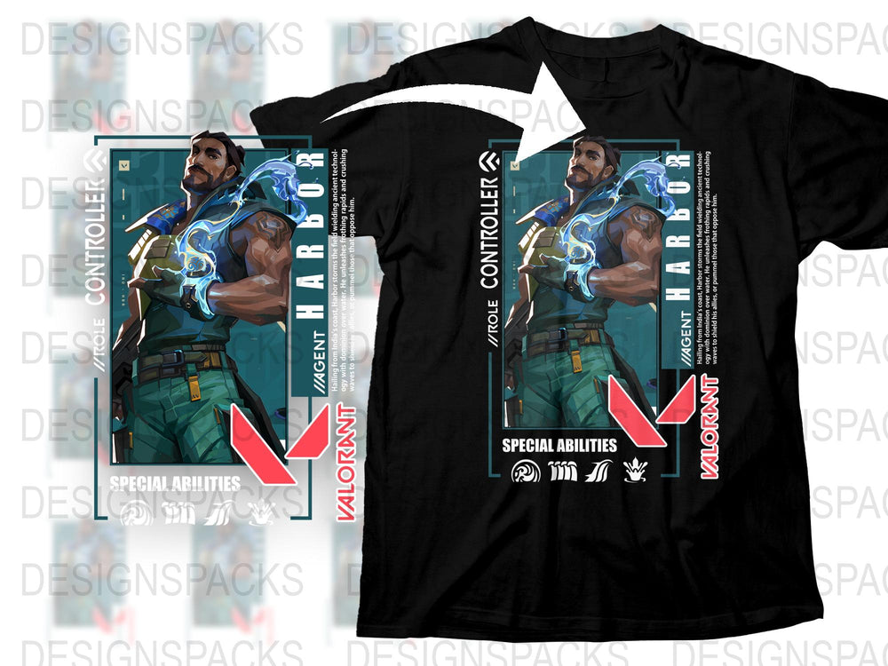 Valorant Agent Harbor Graphic T-Shirt, Men's Gaming Tee, Special Abilities Design, Black Cotton Shirt
