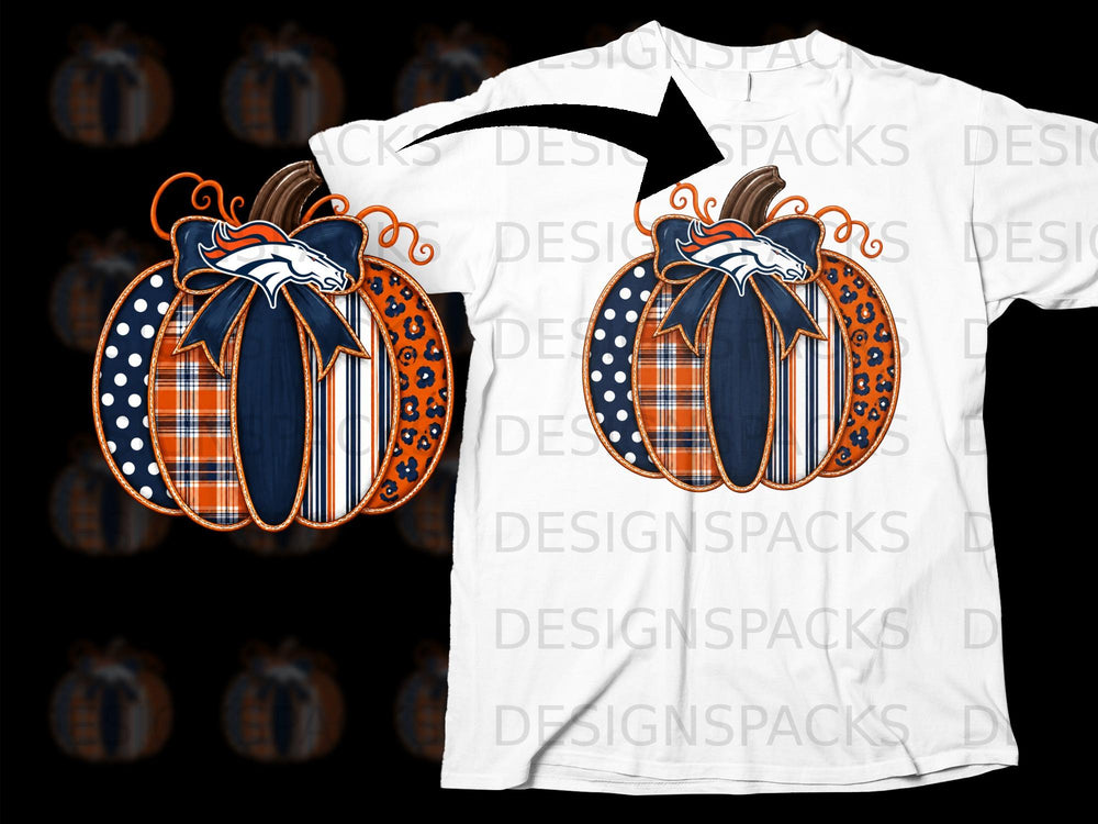 Pumpkin with Denver Broncos logo on a white t-shirt.
