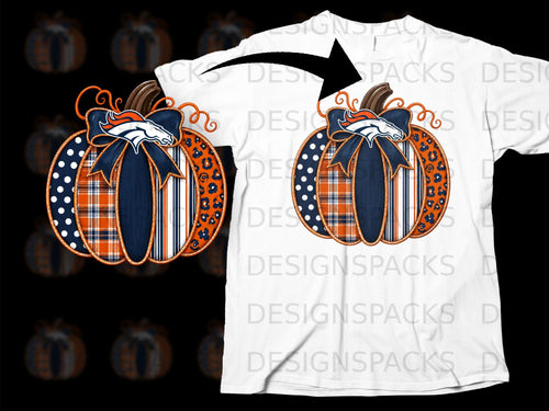 Pumpkin with Denver Broncos logo on a white t-shirt.