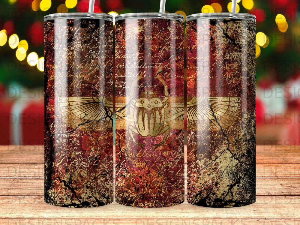 Three tumblers with an ancient Egyptian scarab beetle design on a distressed, textured background.