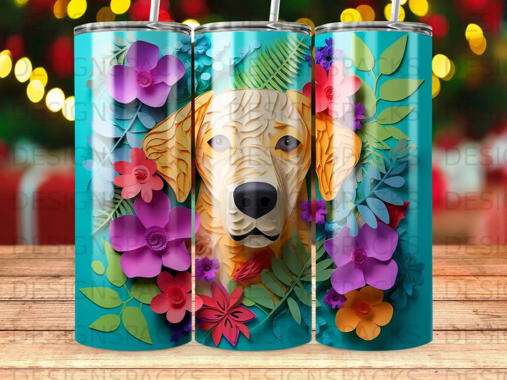 Golden Retriever portrait surrounded by colorful flowers and leaves.