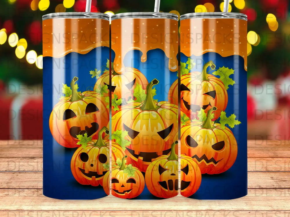 Jack-o'-lanterns with dripping orange glaze on a blue background.