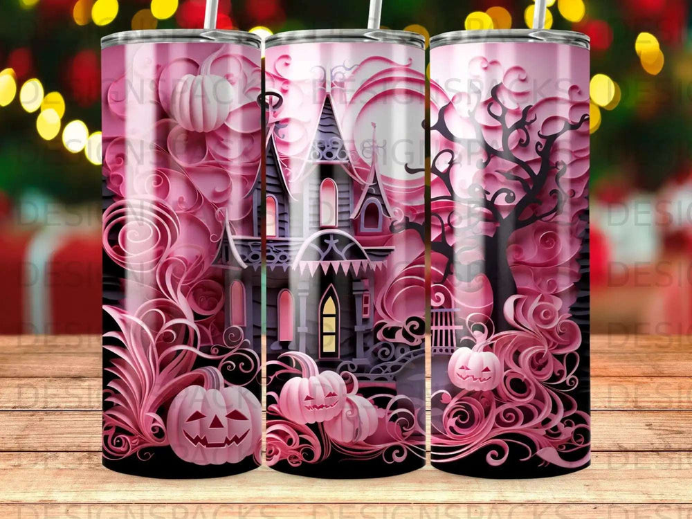 Pink Halloween tumbler with a spooky castle, pumpkins, and swirling vines.