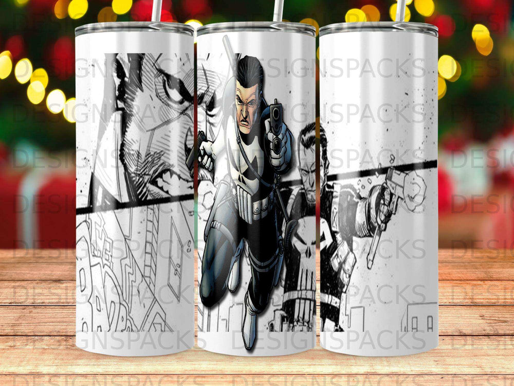 The Punisher in action pose with cityscape background on a tumbler.