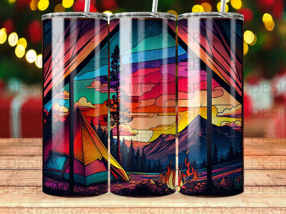 Camping scene with tent, campfire, and colorful sunset over mountains.