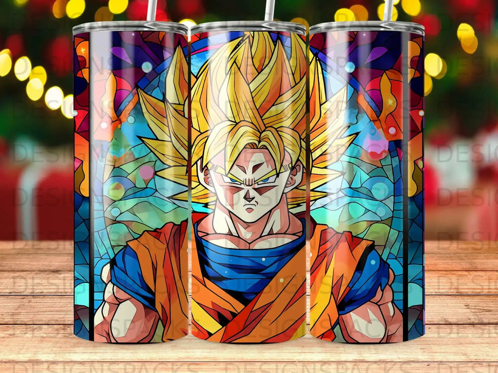 Goku from Dragon Ball Z in stained glass style on a tumbler.