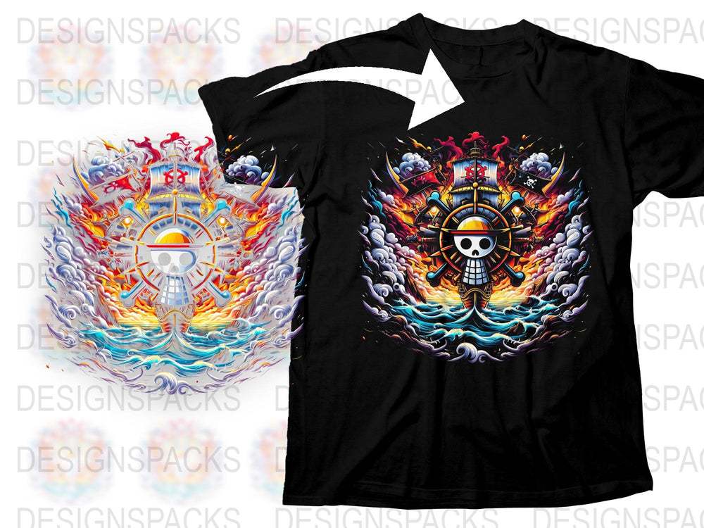 Men's Graphic T-Shirt with Vibrant Skull and Anchor Design, Flame and Waves, Unique Illustration, Bold Printed Tee, Summer Fashion