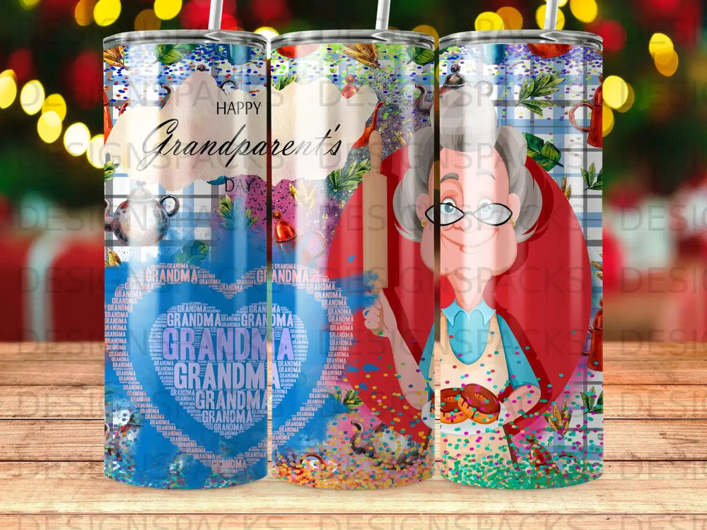 Grandparents Day tumbler with Grandma text art and cartoon woman.