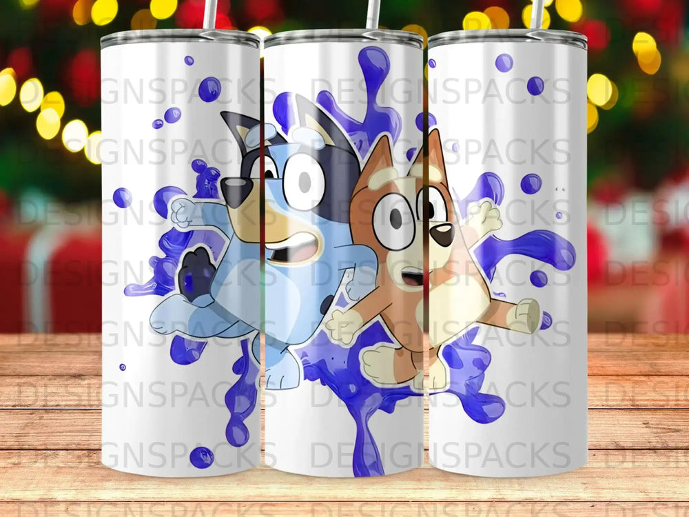 Bluey and Bingo characters in a playful pose on a blue paint splatter background.