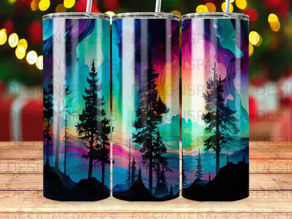 Silhouetted pine trees against a vibrant, swirling aurora borealis sky.