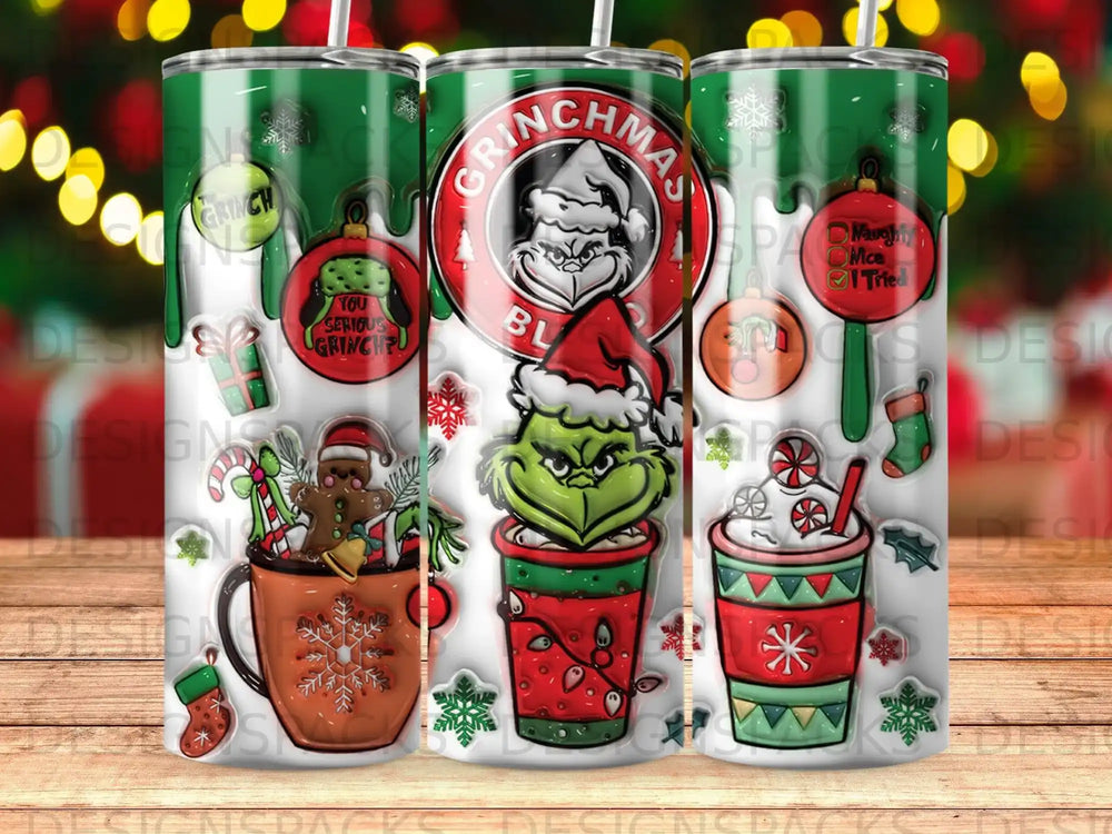 Christmas grinch-themed tumbler with hot chocolate, gingerbread, and festive decorations.