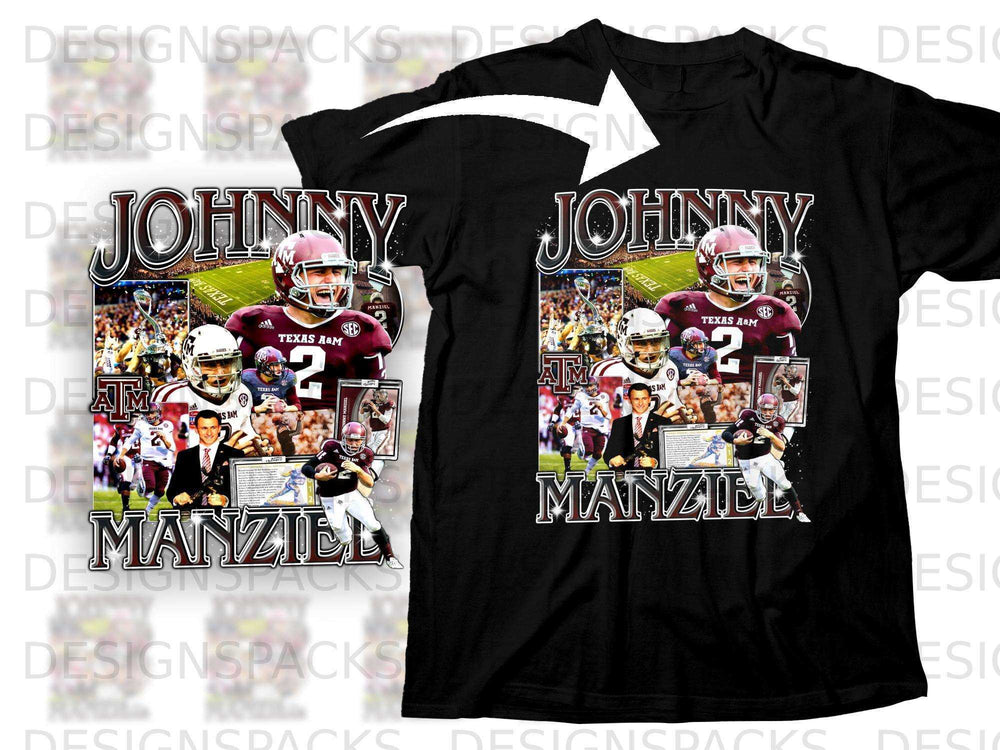 Johnny Manziel Texas A&M football t-shirt with player collage.