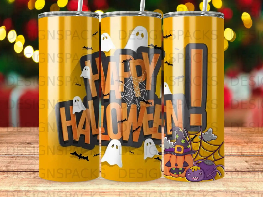 Happy Halloween tumbler with ghosts, pumpkin, and spider.