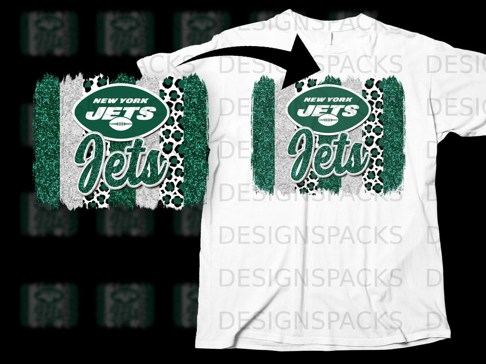 New York Jets logo with green glitter and leopard print on white t-shirt.