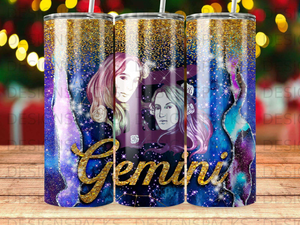 Gemini constellation with zodiac symbol and celestial watercolor portraits.