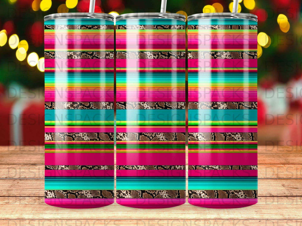 Three tumblers with a colorful striped and snake print pattern.