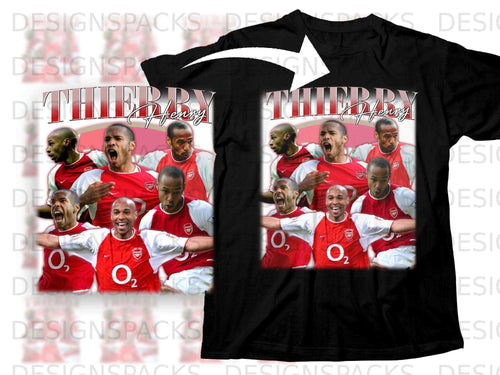 T-shirt featuring multiple images of Thierry Henry in an Arsenal football kit.