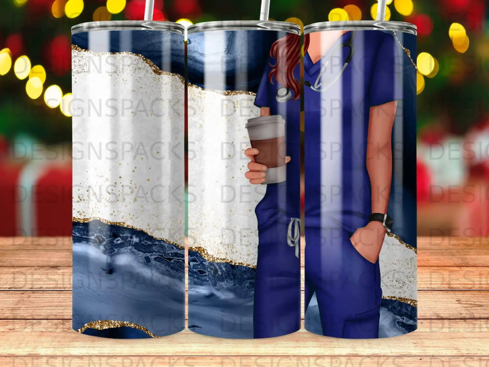 Blue marble tumbler with a medical professional holding a coffee cup.