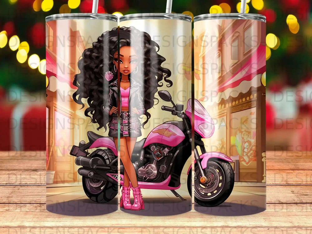 Young Black woman in pink outfit and leather jacket on a pink motorcycle.