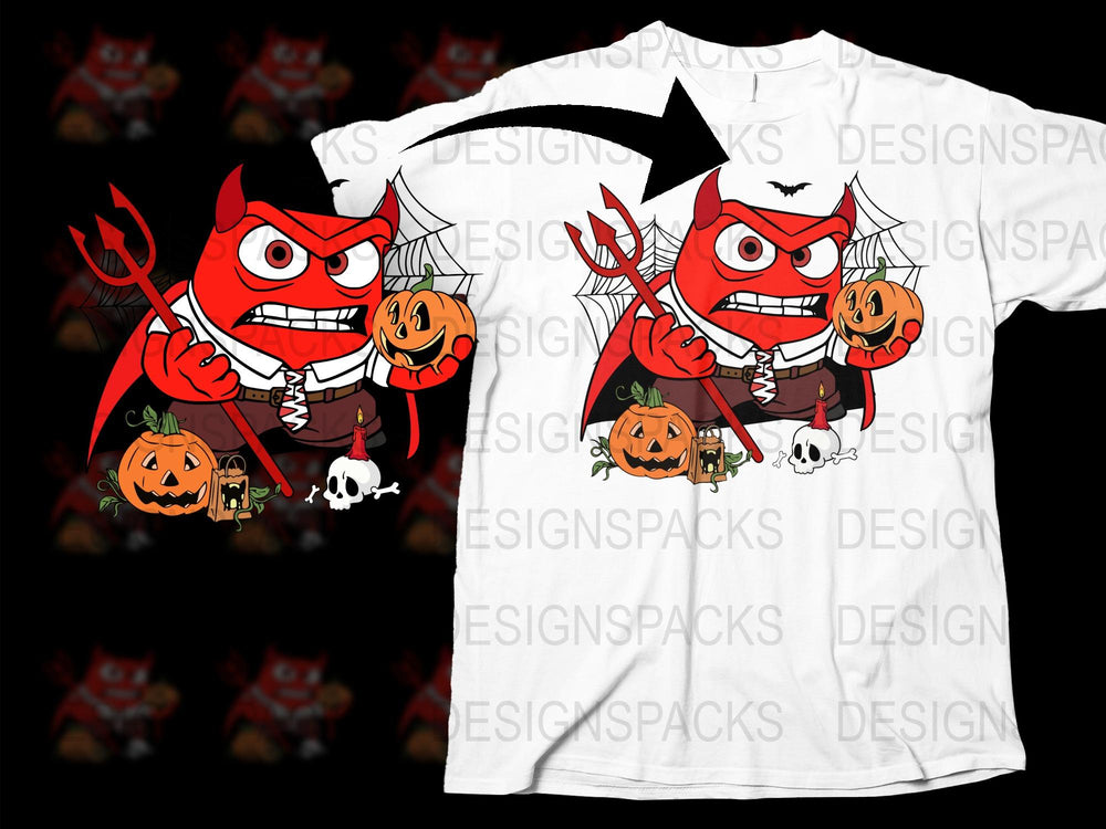 Halloween T-Shirt with Red Devil and Pumpkins Graphic, Spooky Cartoon Style Apparel