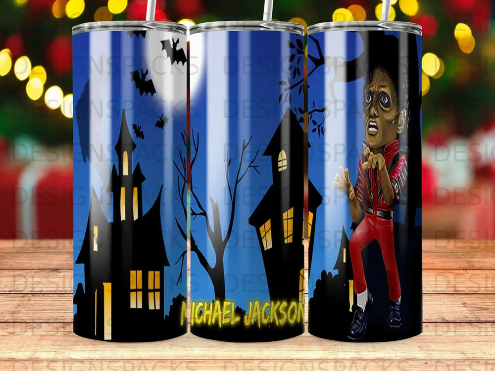 Michael Jackson on a haunted house background, with text Michael Jackson.
