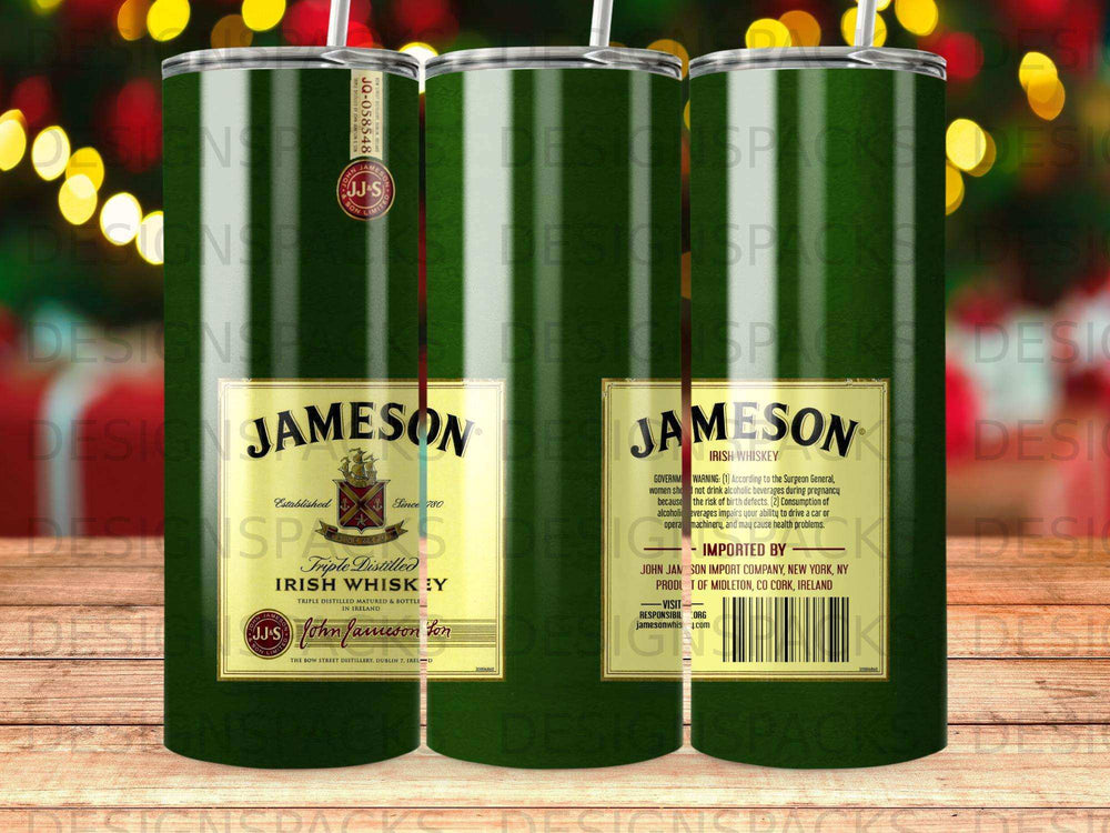 Jameson Irish Whiskey tumbler with logo and warning label.