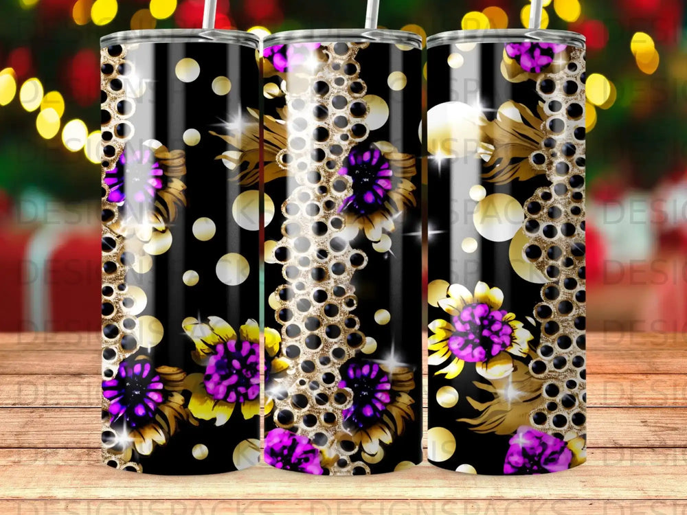 Black tumbler with gold leaves and purple flowers, surrounded by white and gold polka dots.