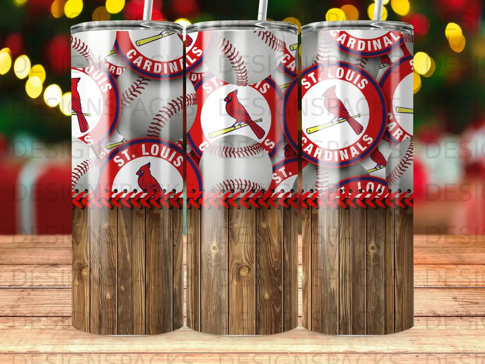 St. Louis Cardinals baseball themed tumbler with wood grain bottom.