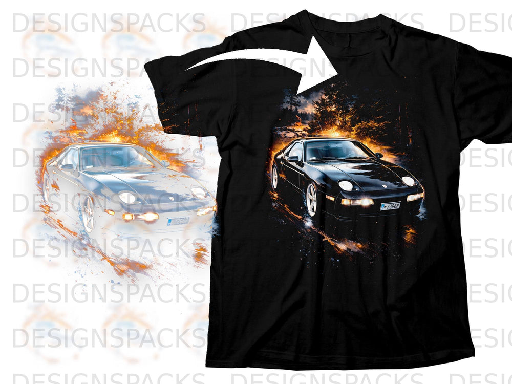 Black t-shirt with a dynamic graphic of a black sports car with fire and spray effects.