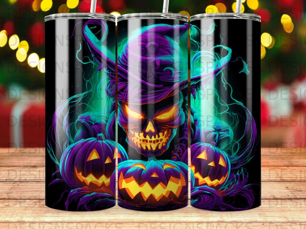 Halloween tumbler with jack-o'-lanterns and a glowing skull witch design.