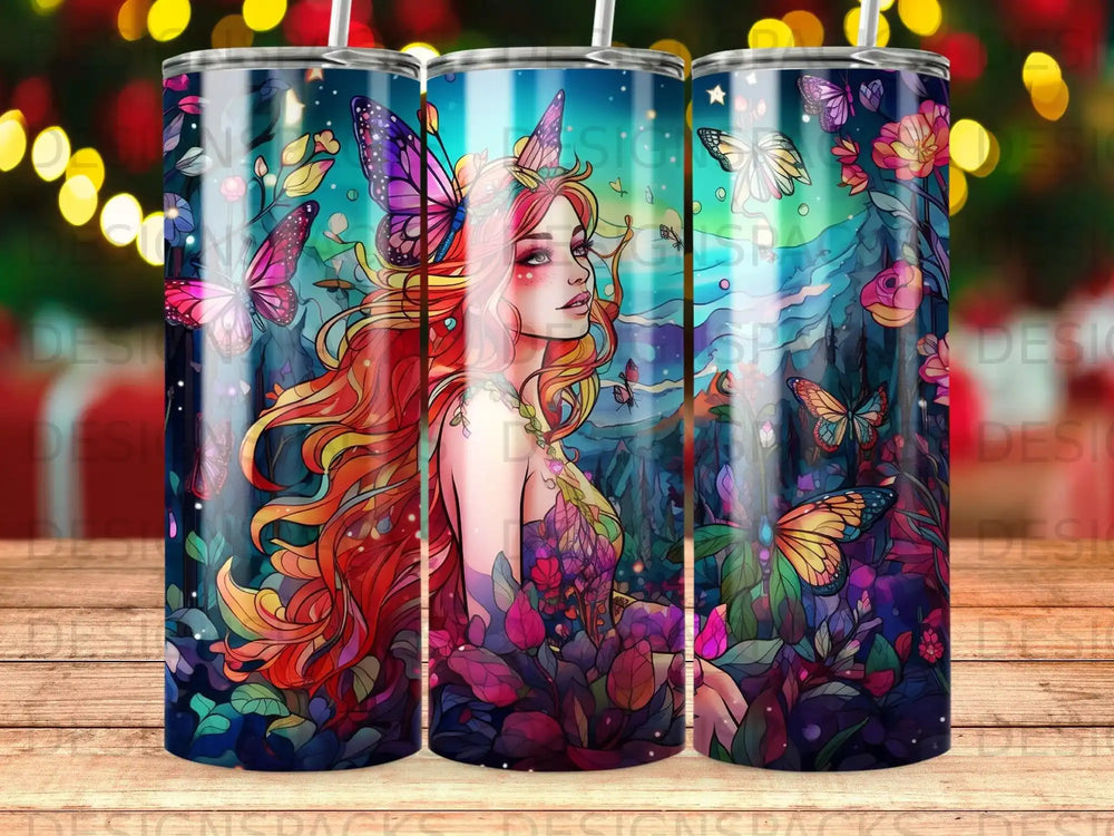 Fantasy woman with flowing red hair surrounded by colorful butterflies and foliage.