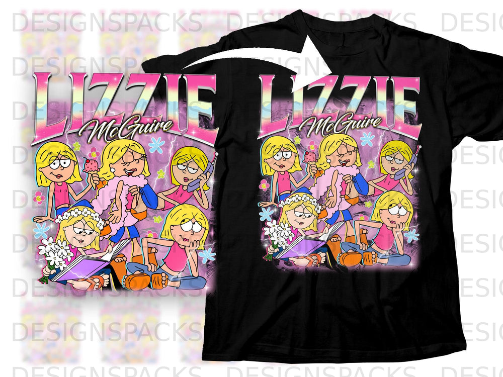 Lizzie McGuire cartoon characters on a black t-shirt with lightning and flowers.