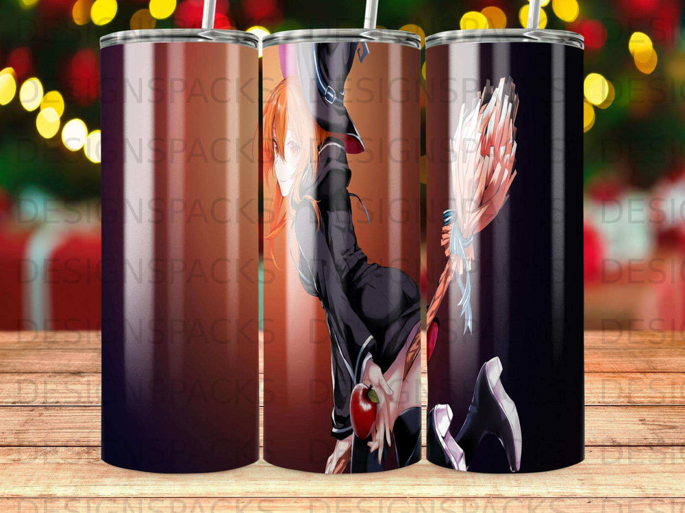 Anime character with black hair and red eyes holding an apple on a tumbler.