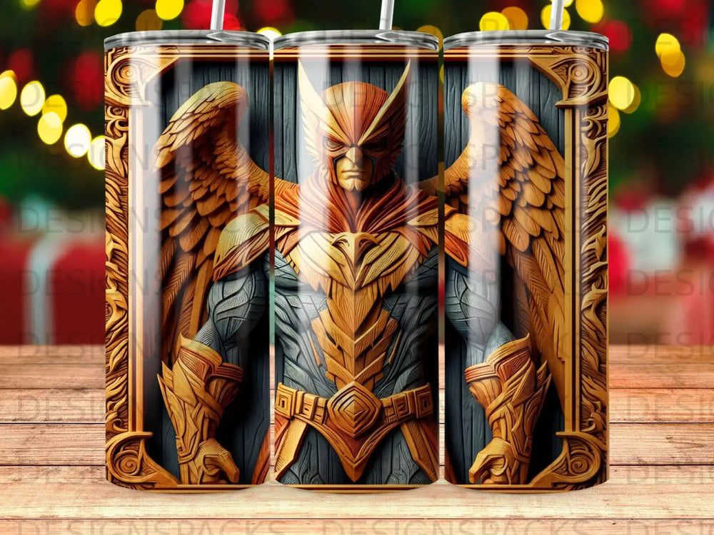 Hawkman character artwork with gold trim on a tumbler.