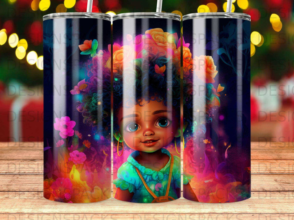 Stylized portrait of a young Black girl with colorful floral hair and bright eyes.
