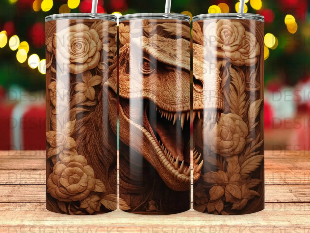 Dinosaur head with floral pattern on a tumbler.