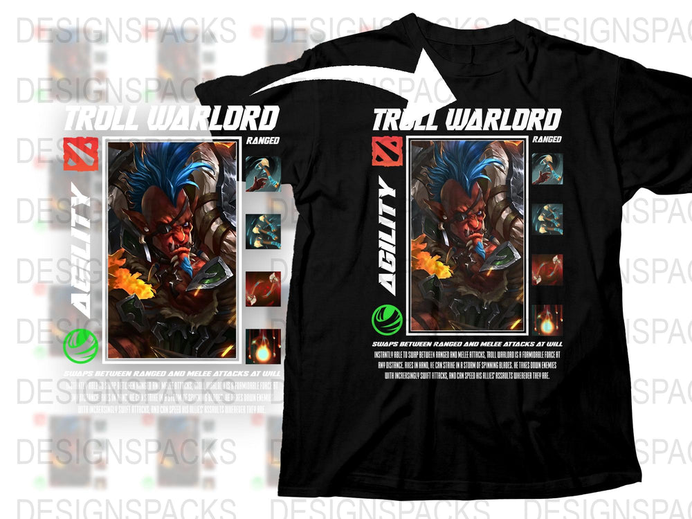 Troll Warlord Graphic T-Shirt, Dota 2 Gaming Tee, Cool Agility Hero Design, Black Cotton Shirt