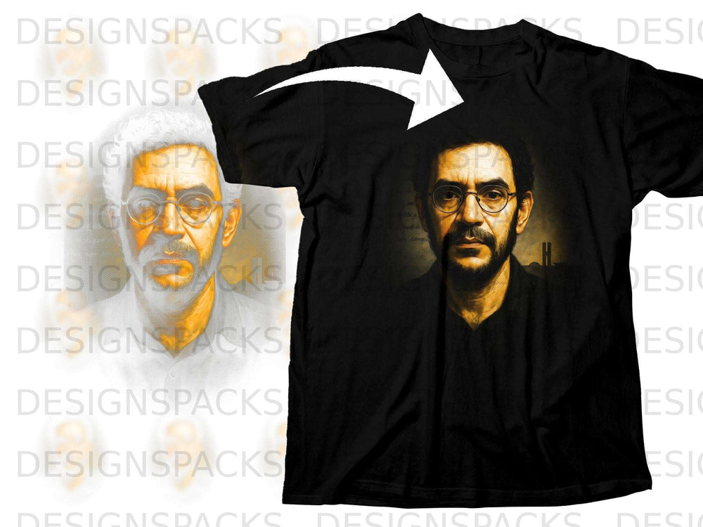 Black t-shirt featuring a portrait of a man with glasses and a beard.