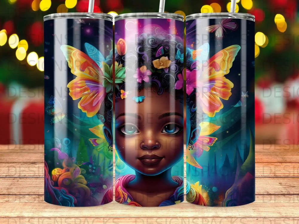 Young Black girl with butterfly wings and colorful floral headdress.