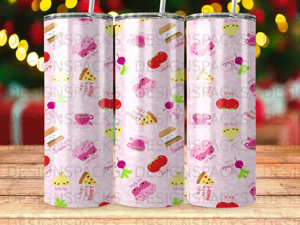Tumbler with repeating pattern of cute food puns and phrases.