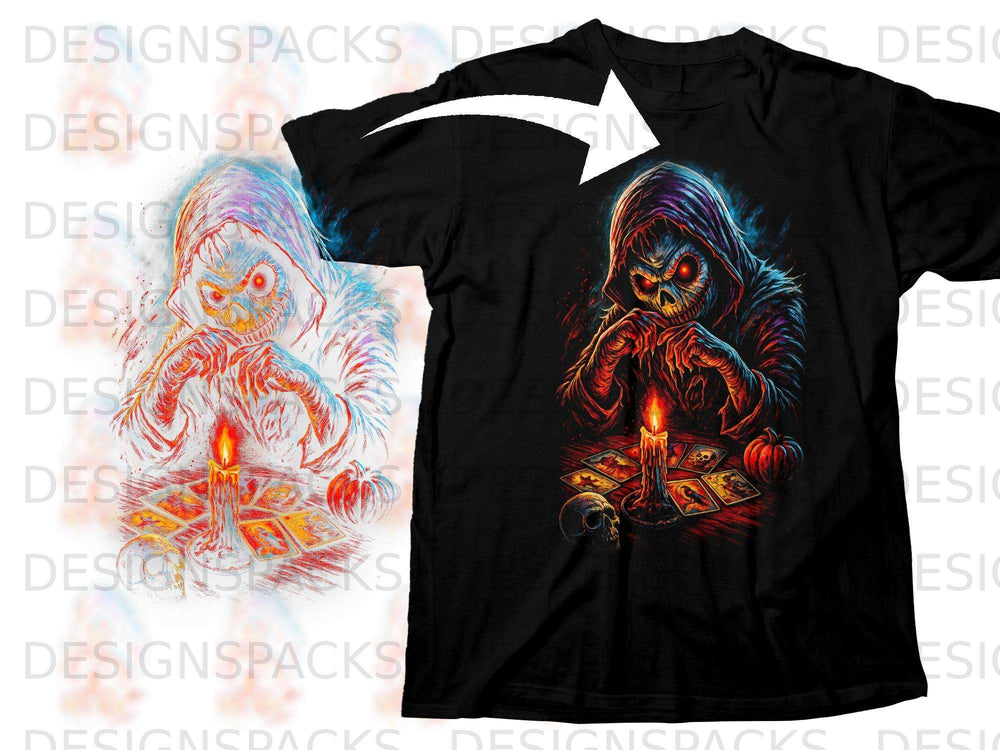 Grim reaper with glowing eyes and tarot cards on a black t-shirt.